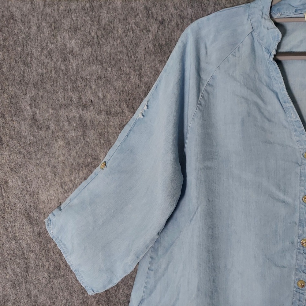 Hester & Orchard Button Up Tunic Women S Blue Sharkbite Frayed Hem‎ Distressed - Picture 2 of 12